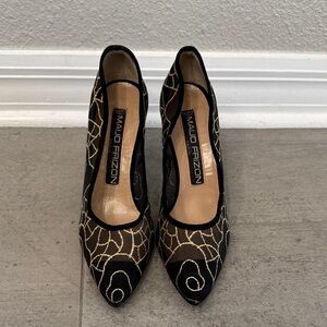 MAUD FRIZON Black and Gold Patterned Heels